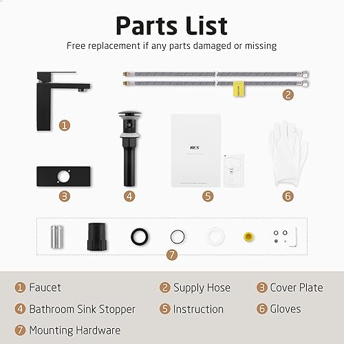 Miniatura 9 de KES Grifos de baño negros con drenaje (con desbordamiento), grifo de lavabo de baño de 1 agujero o 3 agujeros, grifo de tocador de lavabo con manija