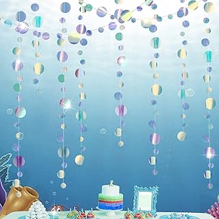 Cheerland Iridescent Circle Garlands Under The Sea Party Decorations Holographic Ocean Party Hanging Streamers for Mermaid Birthday Bubble Backdrop Sea Wedding, Baby Shower Mermaid Party Supplies