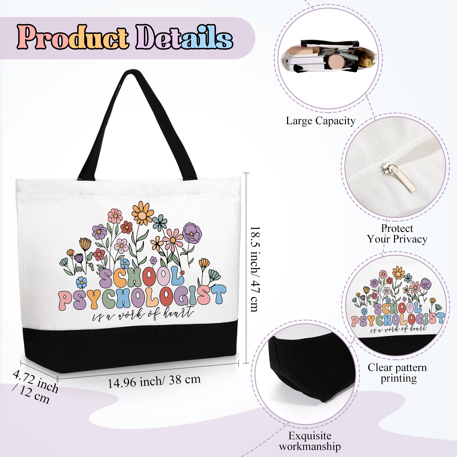 Kacctyen School Psychologist Appreciation Gifts Sets Canvas Tote Bag Makeup Cosmetic Bag Teacher Thank You Keychains for Women Employee Coworker Staff