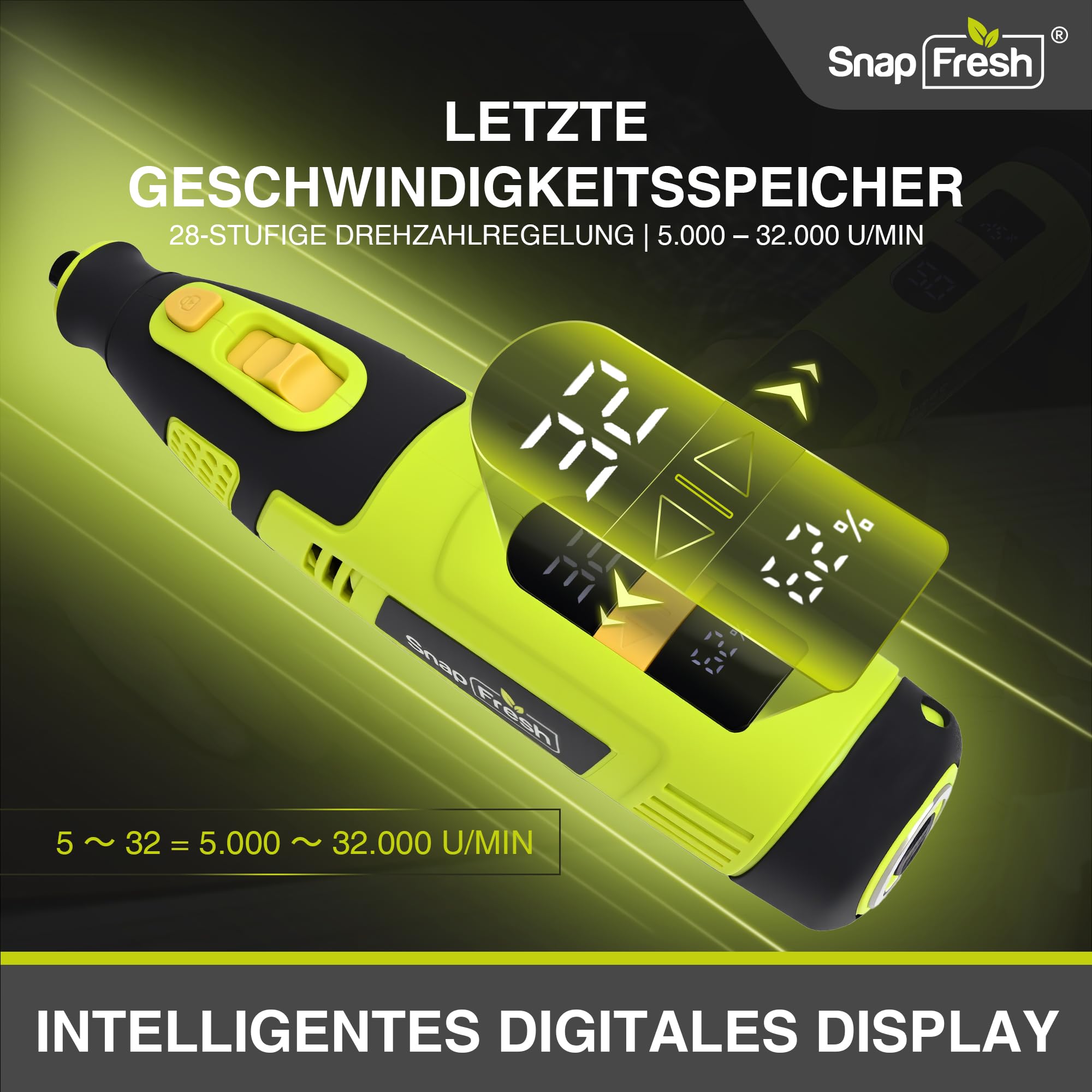 SnapFresh Akku-Rotationswerkzeug 12V Set mit 111 Zubehörteilen, variable Drehzahl 5.000–32.000 U/min, digitales Display & Drehzahlspeicher, zum Schleifen, Gravieren, Polieren & Bohren