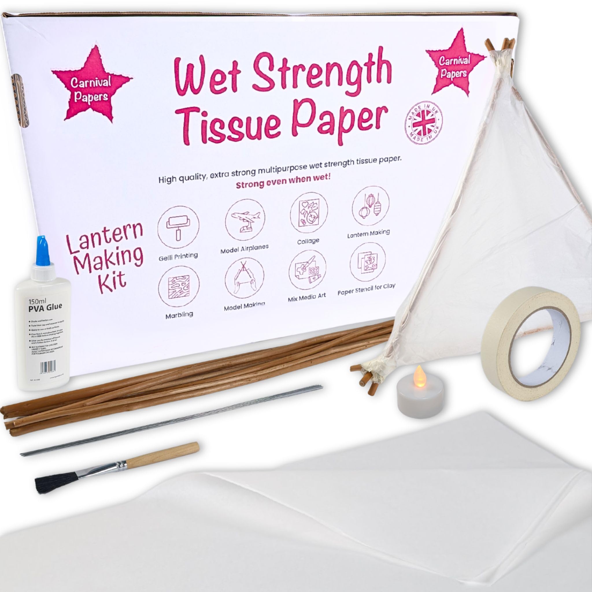 Bcreativetolearn White Make Your Own Glow Lantern Craft Kit - Wet Strength Tissue Paper Lantern Kit Includes Willow Sticks, Masking Tape, Pva Glue, Tealight, Video Instructions - Makes 1 Large Lantern