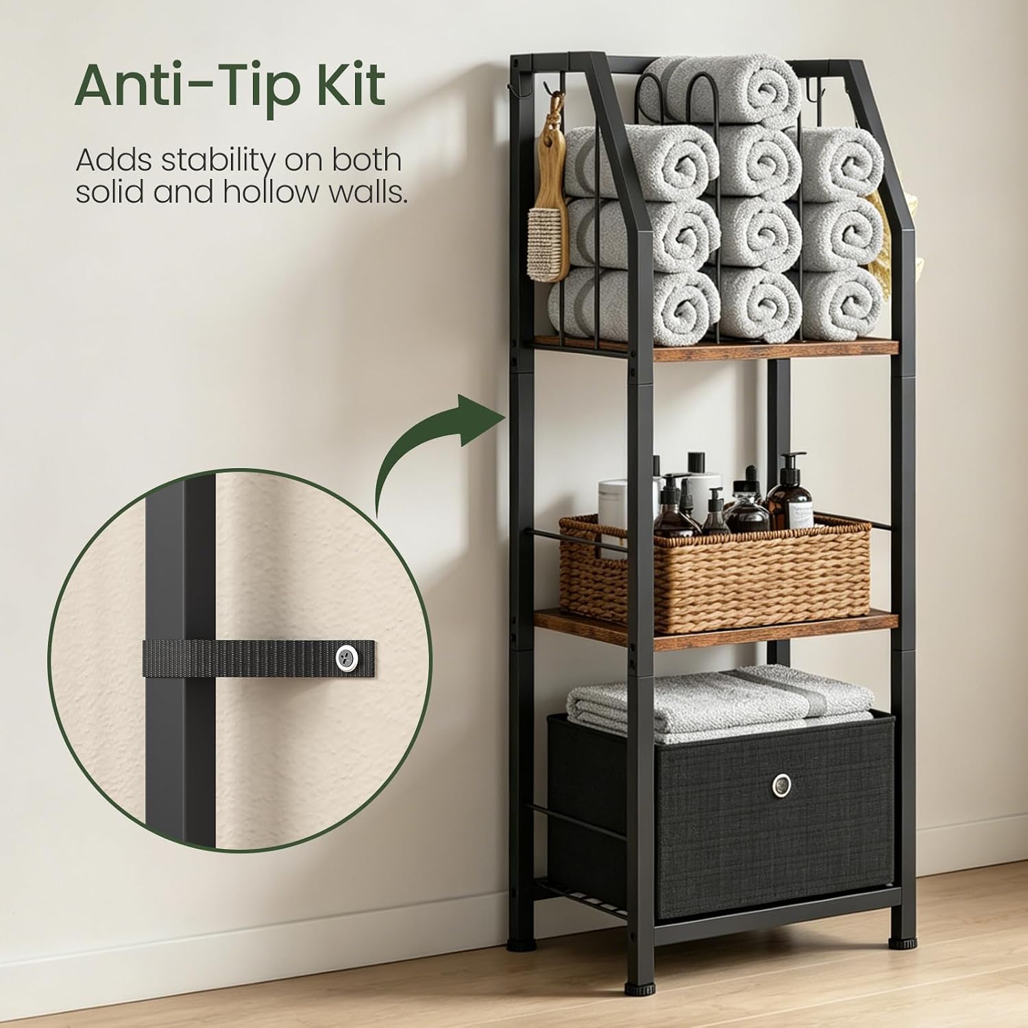 CHOEZON 3-Tier Towel Rack Freestanding, Towel Rack with a Fabric Drawer, 2 M-Shaped Metal Dividers and 4 Hooks, Bathroom Towel Storage Shelf, Towel Storage for Bathroom, Rustic Brown and Black TCJ29BF