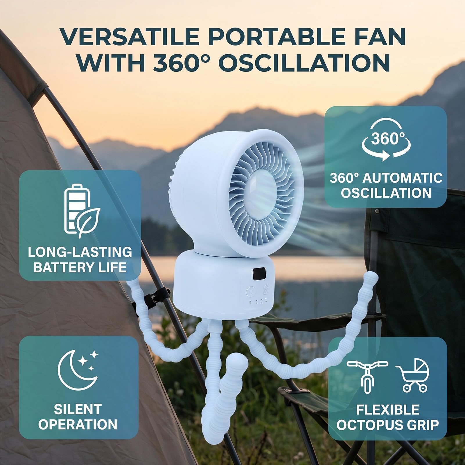 RIZGHWOY Ventilatore per Passeggino, Ventilatore da Scrivania con Clip a Forma di Polipo, Rotazione a 360 Gradi Portatile Ricaricabile con Timer per Esterno e Campeggio