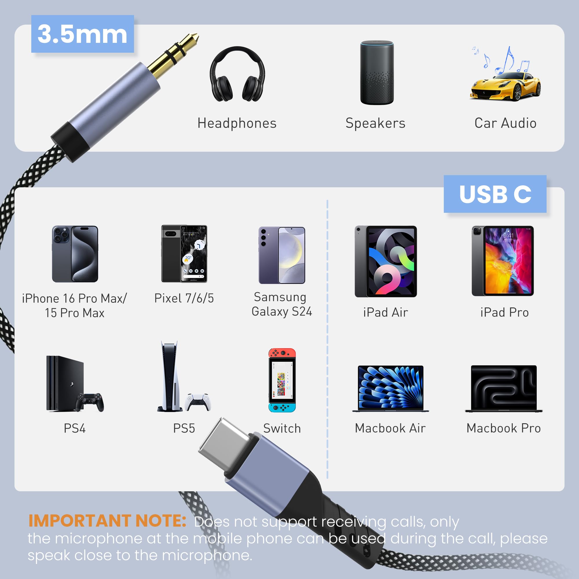 YISH Kabel USB C do 3.5mm Audio Jack 1M：Typ C do 3.5mm Nylon, USBC do Aux Headphone Stereo Cord Car Kompatybilny z iPhone 16 Pro Max/15 Pro Max Plus Samsung Galaxy S24/S23 Ultra Pixel iPad Pro