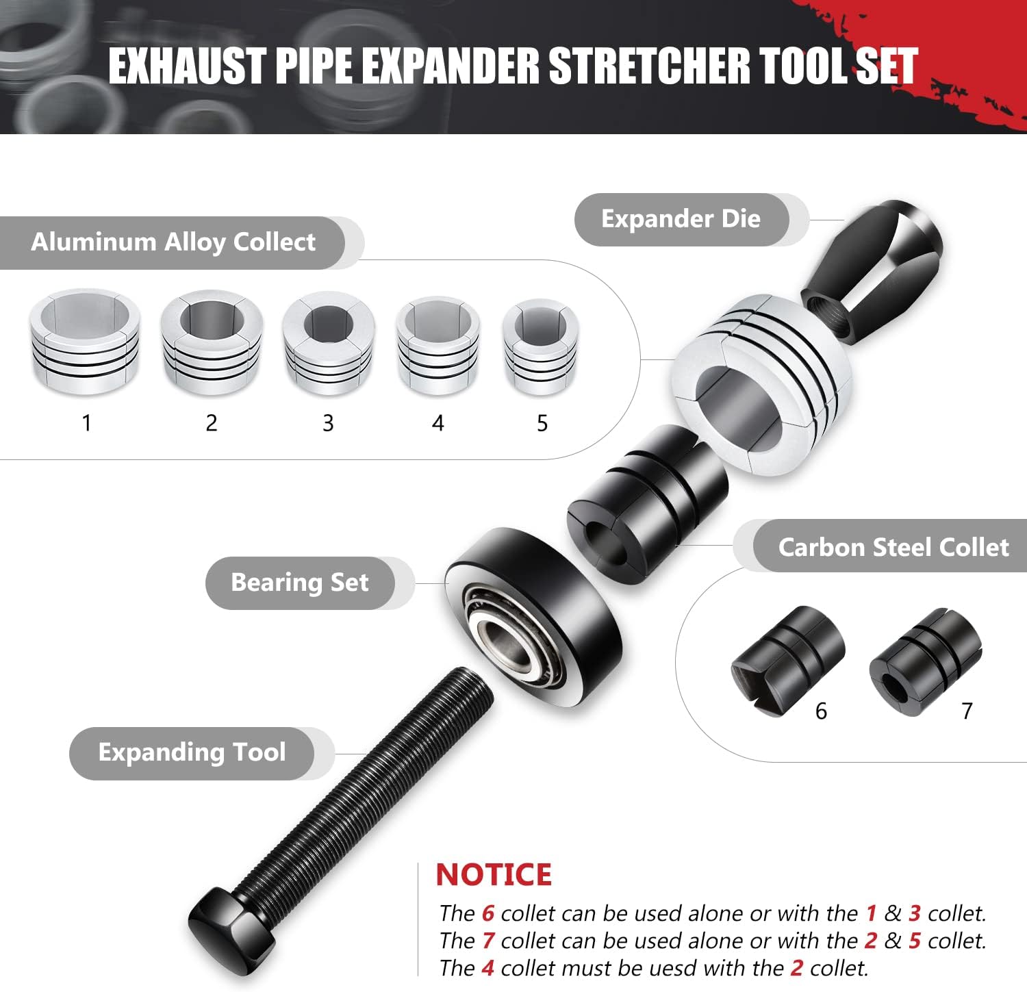 DNA MOTORING TOOLS-00202 1-5/8 to 4-1/4 Inches Exhaust Pipe Expander Stretcher Tool Set with Rubber Rings for Automotive Car Tail Pipe Tube Repair