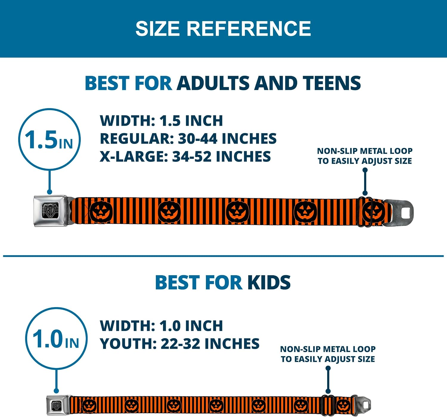 Buckle-Down Belt Seatbelt Buckle Jack O Lantern Pumpkin Stripe Orange Black Mens Womens Kids Adjustable