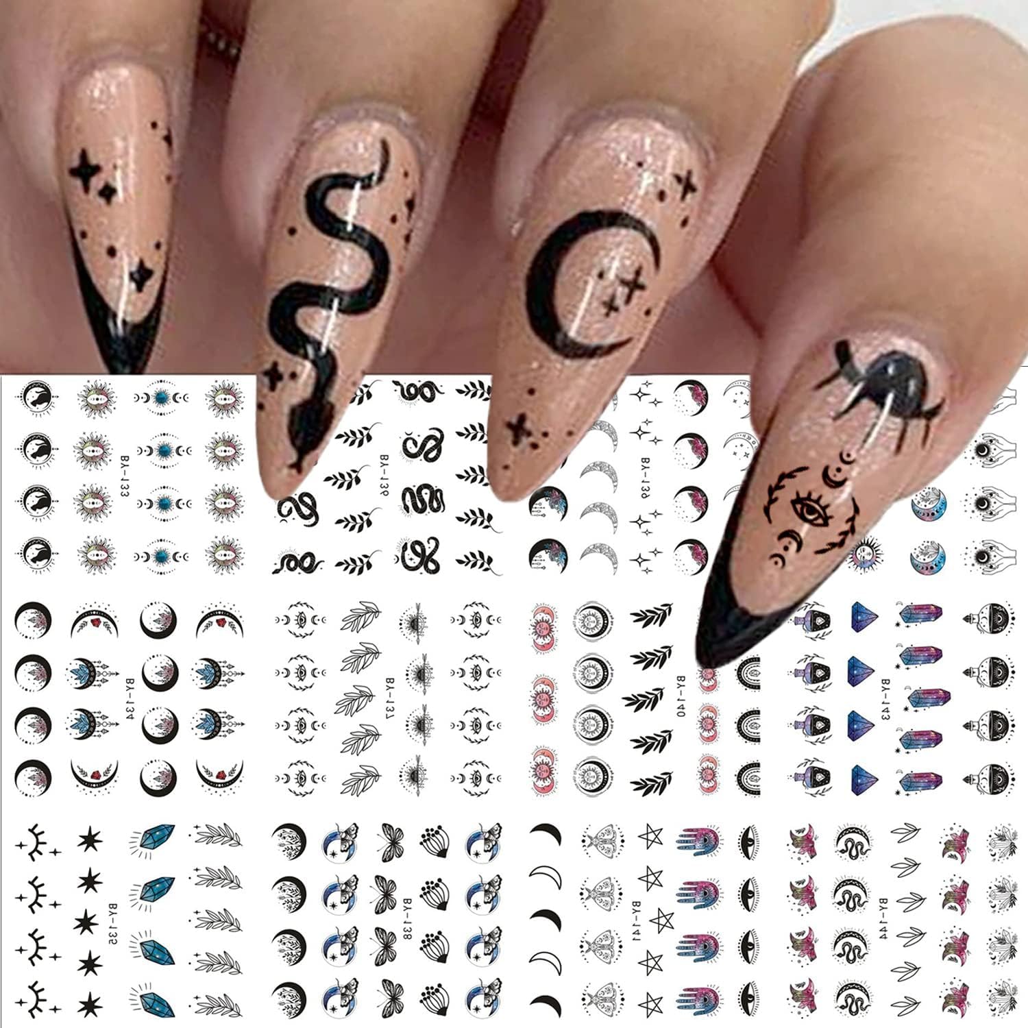 Moon Stars Nail Art Stickers Water Transfer Starry Sky Nail Decals Sun Eyes Snakes Black Leaves Butterfly Nail Design Manicure Sliders Y2K Style Nail Art Supplies for Women Nail Art Decorations