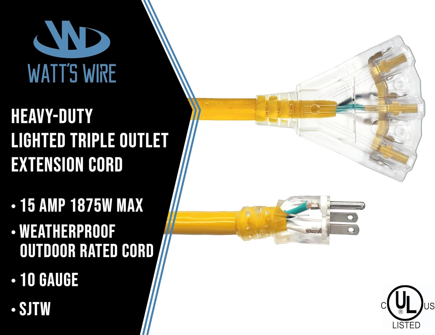 10 ft 10 Gauge Extension Cord - Outdoor Extension Cord Waterproof - Heavy Duty Outdoor Extension Cords 10 ft with Multiple Outlets - Watts Wire - 10' Grounded