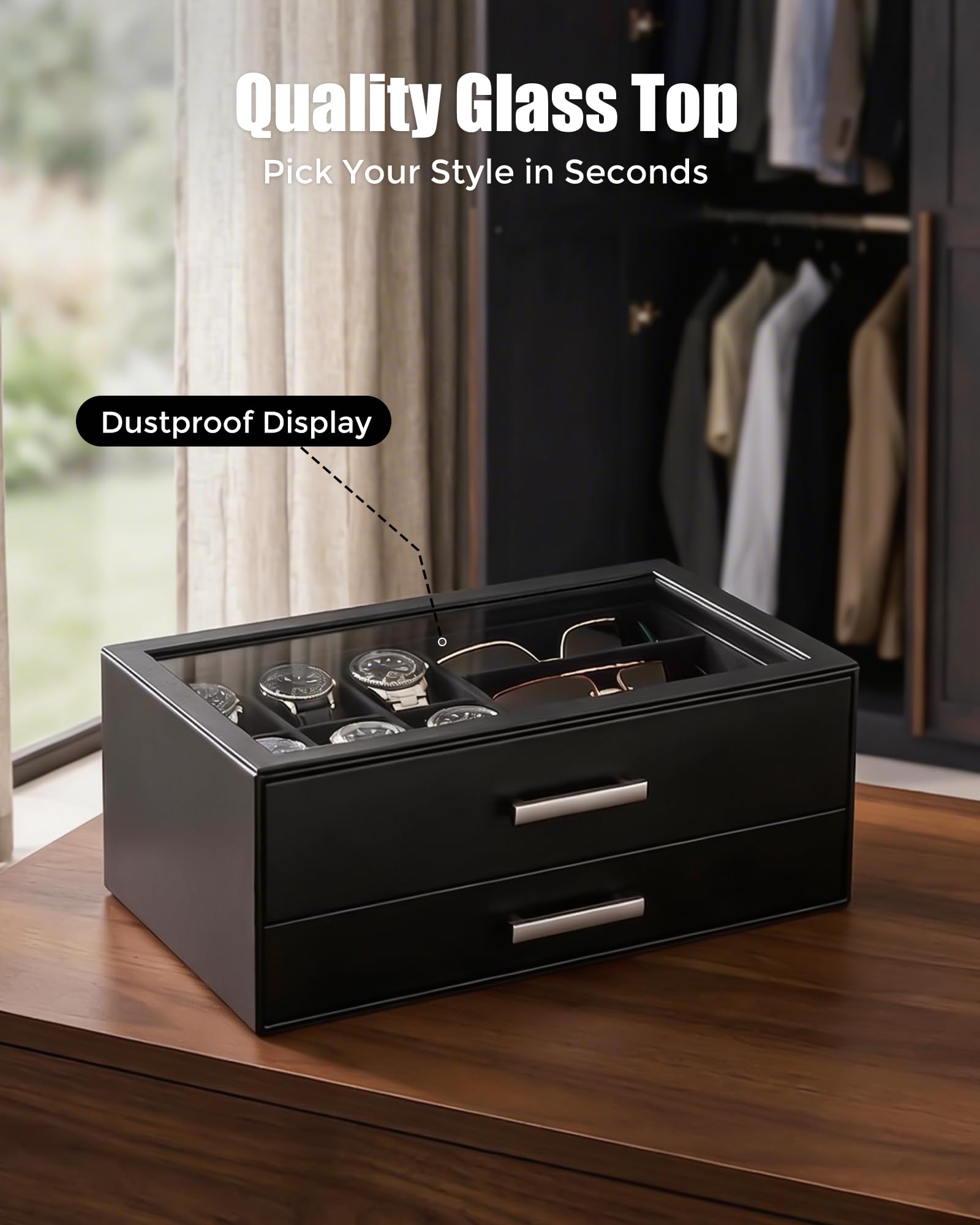 ProCase Caja para Relojes, Estuche para Relojes, Organizador de Joyas para Hombre, Almacenamiento de Joyas con Tapa de Cristal Transparente, 2 Niveles, Almacenamiento para Relojes, Gafas -Negro