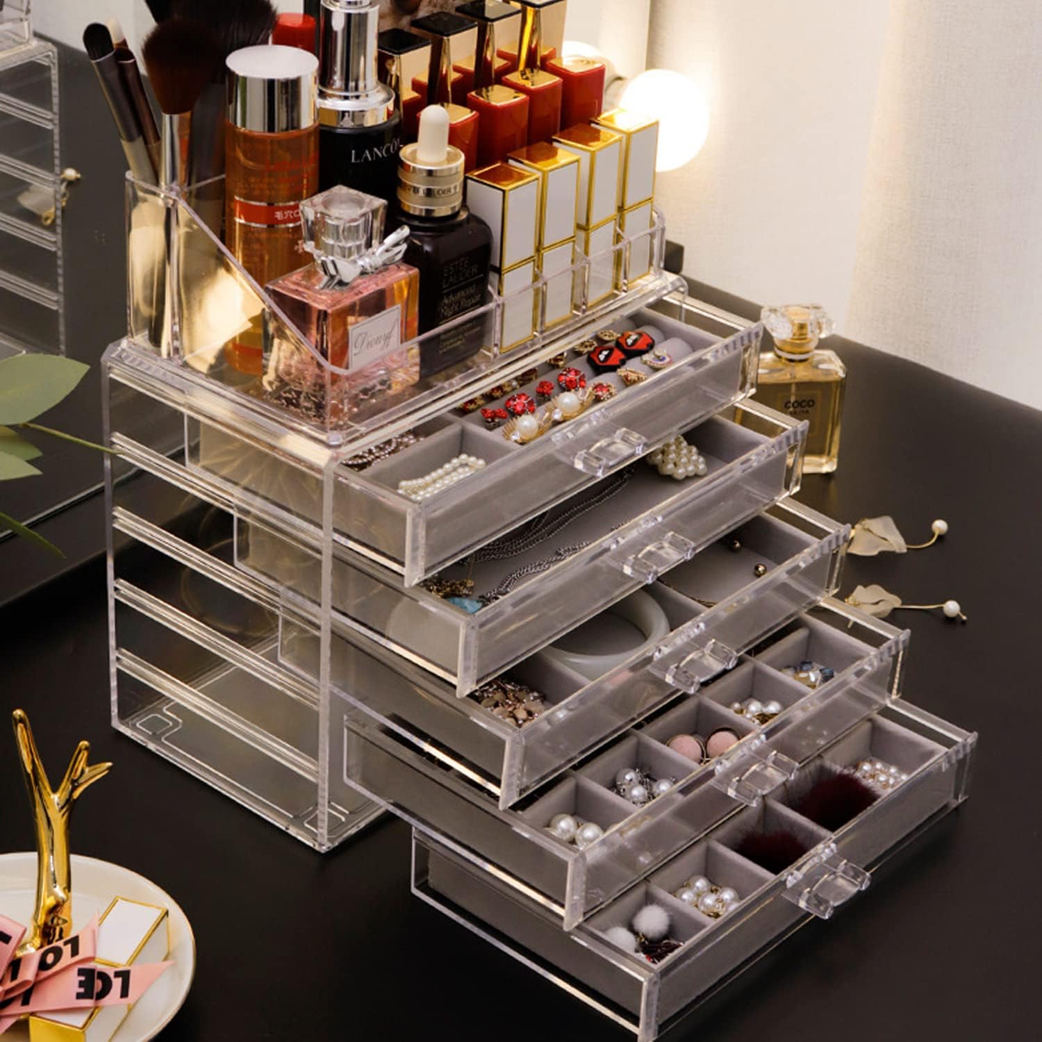CHADWICK 5 Tier Transparent Acrylic Jewelry Drawer Organizer Box with Detachable Dividers for Necklaces, Earrings, Rings, Bracelets, Keep Your Treasures Organized for Home and Travel