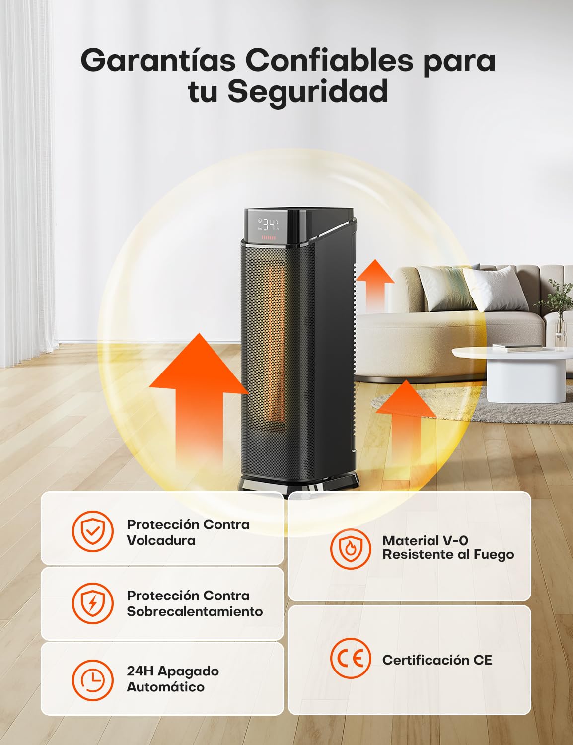 Calefactor PTC 2000 W negro, protección contra sobrecalentamiento y vuelco | Termostato, oscilación de 90°, mando a distancia, temporizador 24 h, modo ECO, silencioso (37 dB) y calentamiento en 2 s