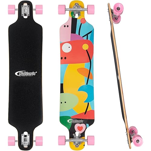 Nattork Longboard Skateboard Complete 8 Ply Canadian Hard Maple for Commuting, Carving & Downhill Riding with T-Tool, Made for Adults, Teens and Kids