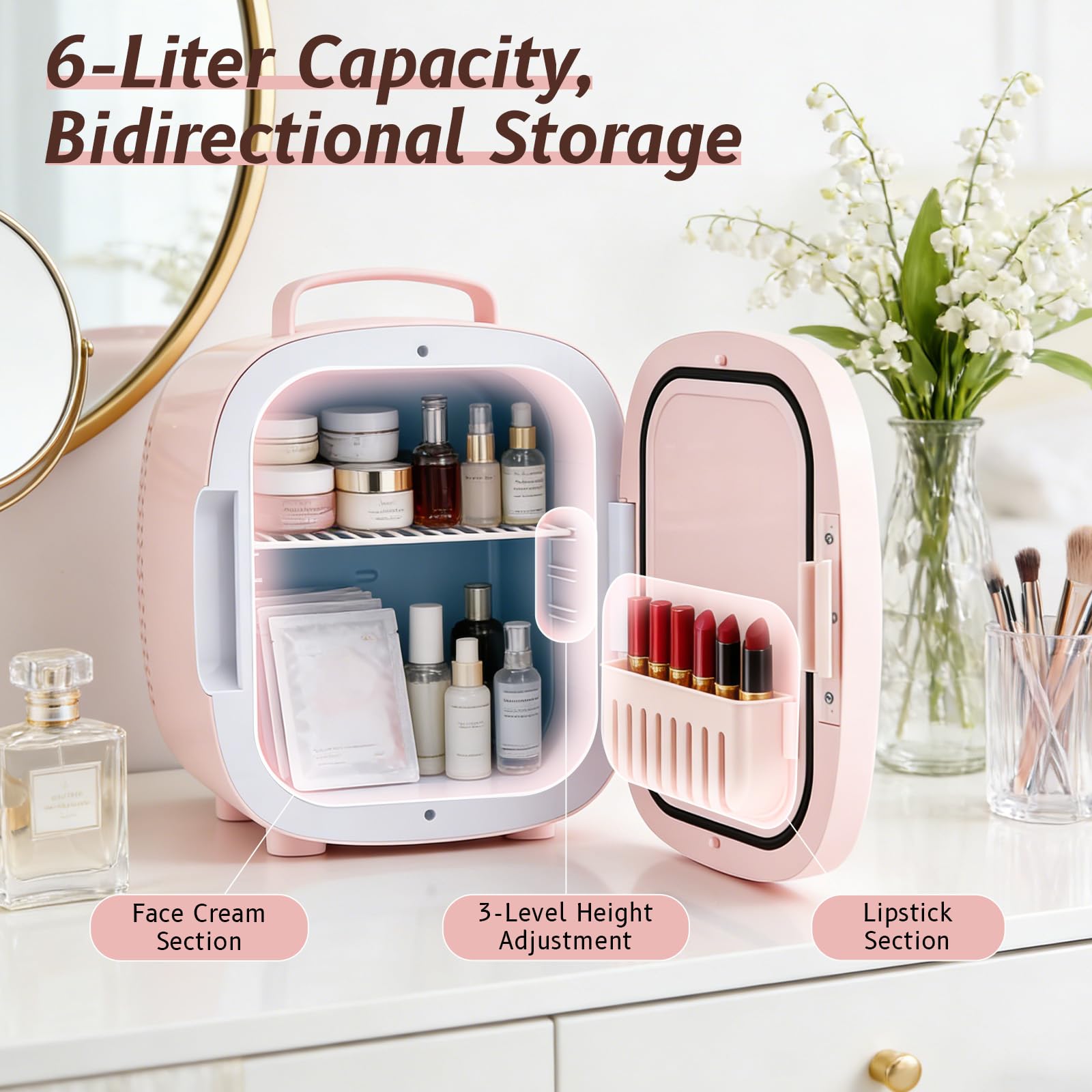 Mini Réfrigérateur 6L, Mini Frigo Cosmétique avec Miroir LED, Portable Thermoelectrique Chauffe & Refroidisseur, AC/DC pour Chambre, Soins de la Peau, Boissons, Bureau, Dortoir et Voiture (Rose)