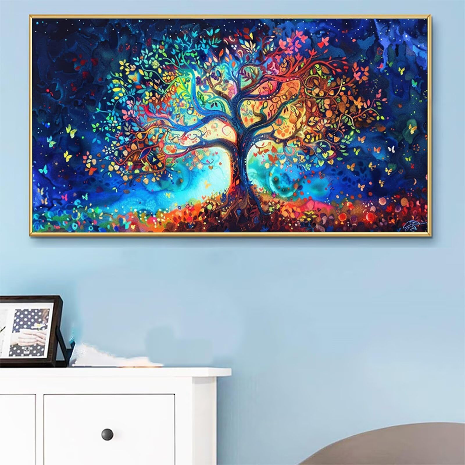 Peinture Numero Adulte Arbre Peinture Numéro Bleu DIY Coloriage par Numero Adulte 90x180cm avec Pinceaux et Acryliques, Sans Cadre, Kit Activité Manuelle Pour Décoration Été Maison Salon, Cadeau RB-9