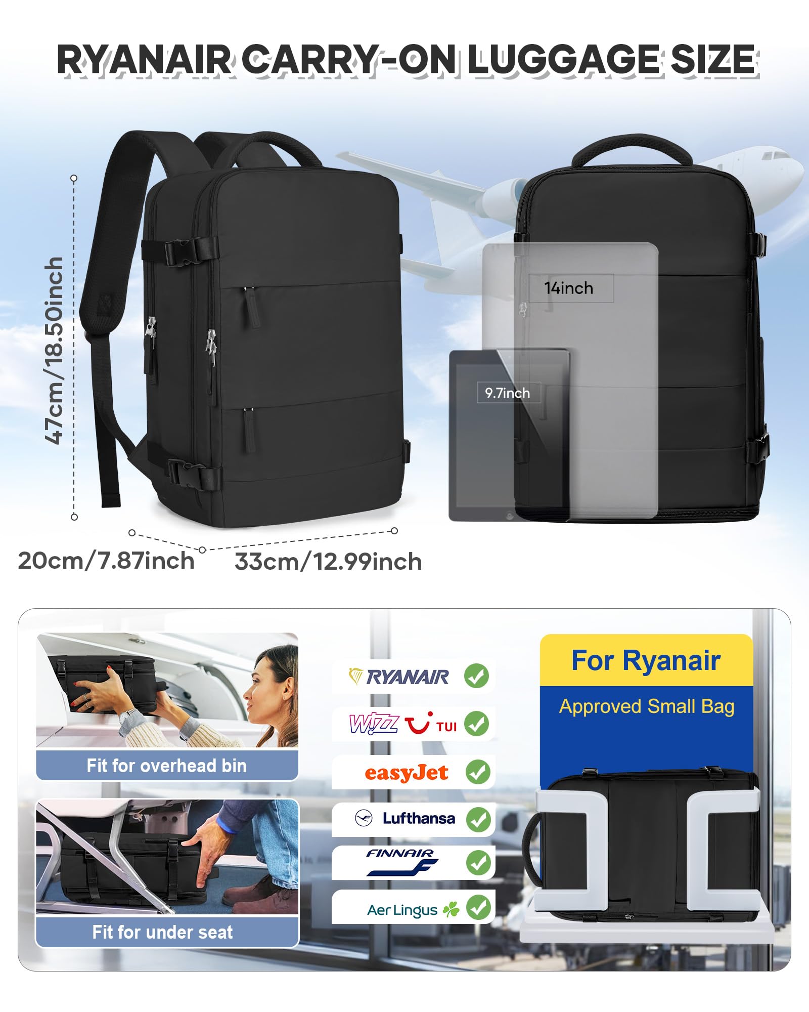 BJLFS Zaino Ryanair 40x30x20 Sottovuoto con Pompa Zaino da Viaggio Ryanair 40x20x25 Borse da Cabina per Wizzair Bagaglio a mano Easyjet Sottovuoto Zaino Casual per Laptop 14 Pollici