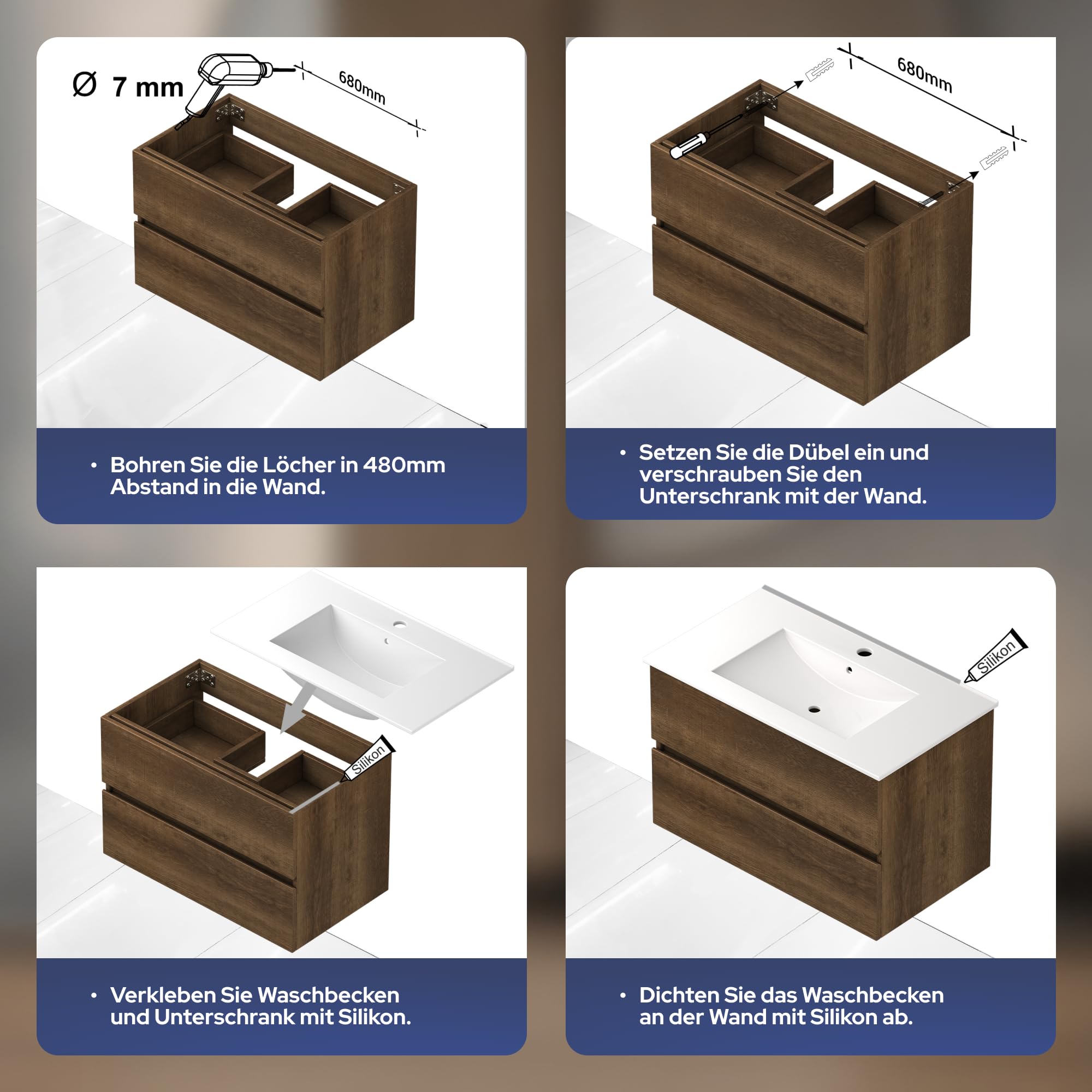 VILSTEIN Waschbecken mit Unterschrank – Set 60 cm Dunkelbraun – Waschbeckenunterschrank [Soft-Close SCHUBLADEN] & Keramik-Waschbecken – Modernes Badezimmermöbel aus feuchtigkeitsbeständigem Material