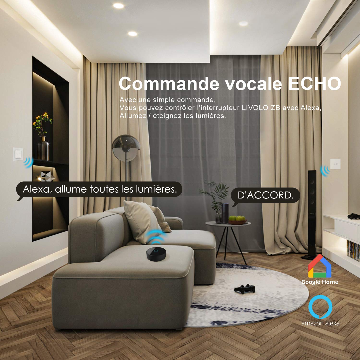 LIVOLO Nouvel Interrupteur Tactile Zigbee Simple 2 boutons, contrôle APP, interrupteur mural intelligent (sans neutre), nécessite LIVOLO HUB, Compatible avec Alexa, Google Home, Blanc, VL-C702Z-2WG