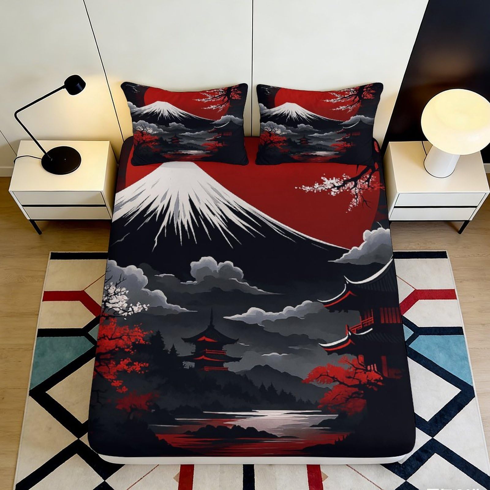 3D Printed Japanese Red Sun Fitted Sheet Microfiber Soft Mount Fuji Pagoda Mattress Cover for Bedroom Decor 200x200x25cm