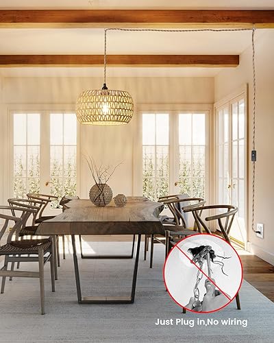 Miniatura 7 de Lámpara colgante bohemia de ratán de 12.6 pulgadas, tela tejida a mano natural, enchufable a la toma de pared, interruptor de encendidoapagado para