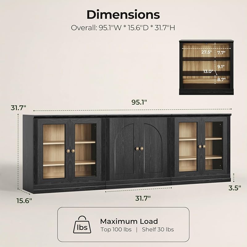 Monos 96-Inch Modular TV Stand with Acrylic Doors Display Cabinet, Black | Modular Set of 3, Vintage-Inspired Design, Adjustable Shelves, Fluted Edges, Living Room Media Storage, Entertainment Center image 3