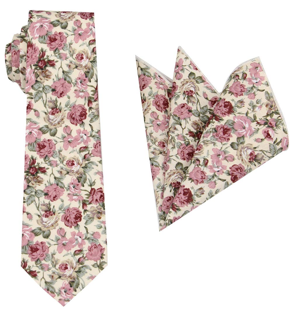 Mens Floral Print Cotton Tie Set : Necktie with Pocket Square - Wedding - Gift Set