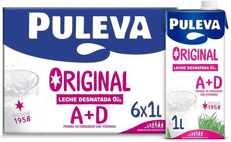 Puleva Original - Leche Desnatada con Vitaminas A y D - Sin Azúcar Añadido y Sin Gluten - Brik UHT Pack 6 x 1L