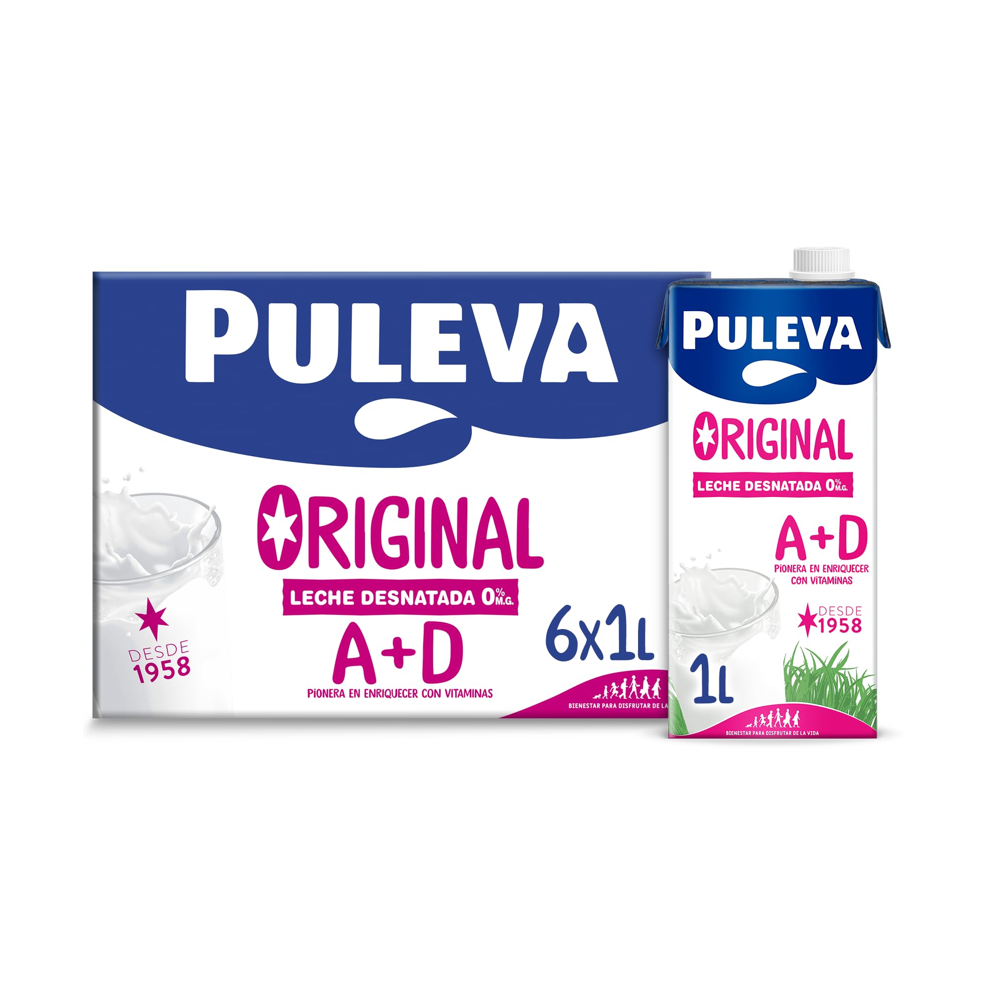 Puleva Original - Leche Desnatada con Vitaminas A y D - Sin Azúcar Añadido y Sin Gluten - Brik UHT Pack 6 x 1L
