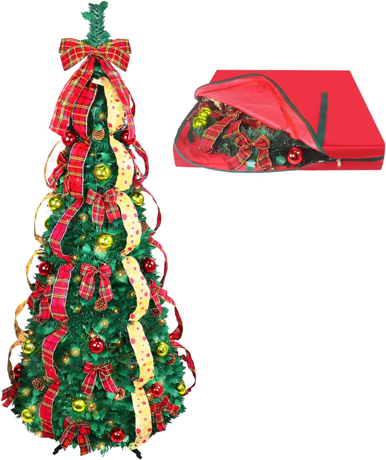 6ft Pop up Christmas Tree - Fully Decorated Pre-Lit Pull Up Tree Includes Storage Bag, Ornaments, Ribbon, Pinecones, Stand, and Warm UL Lights