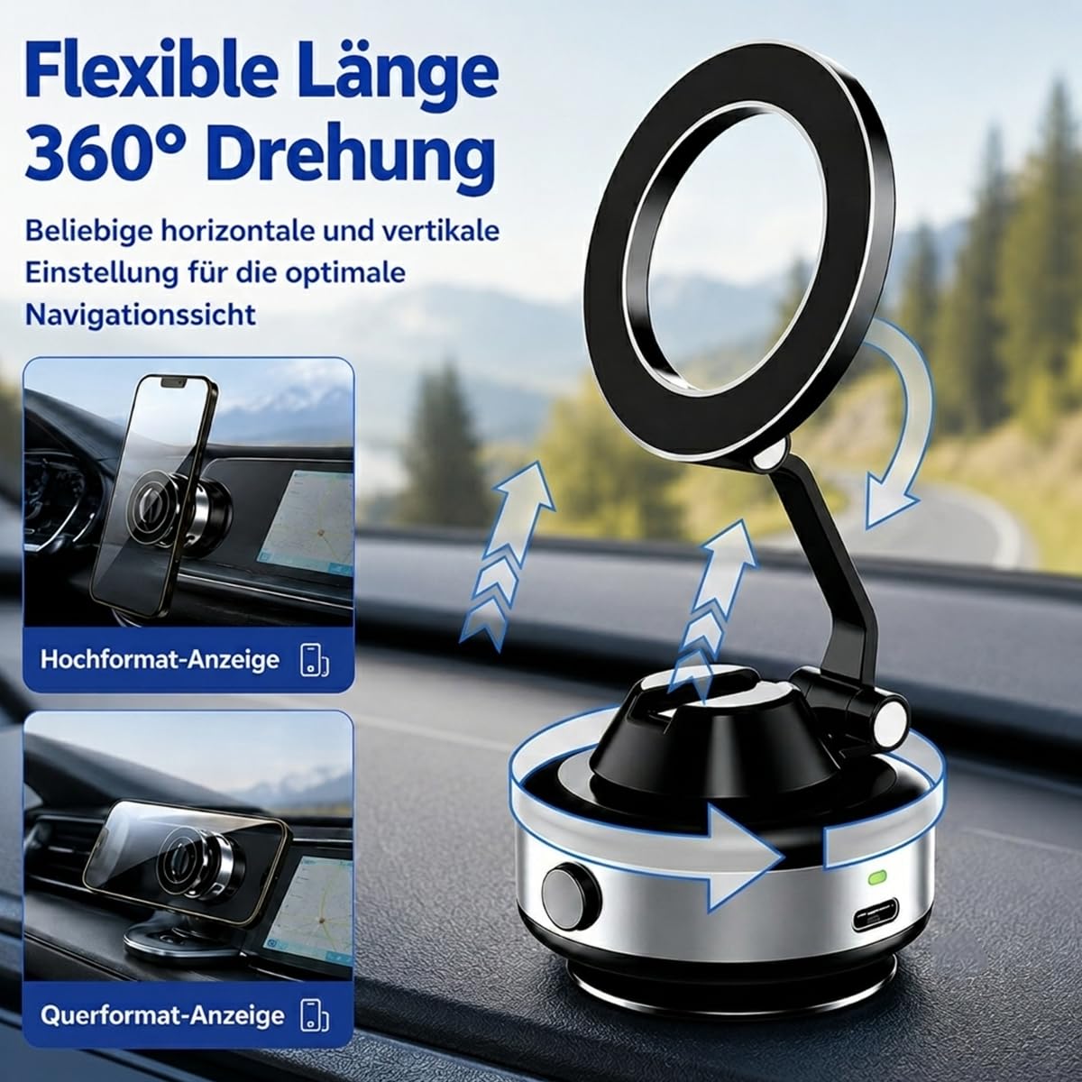 Snapmount Handy Halterung, 2026 Neu Snapmount Handy Halterung Elektrisch, Selbstansaugende Auto Handyhalterung, 360° Drehbar Und Platzsparend Faltbar, Universell, Anti - Rutsch (Schwarz+Silber)