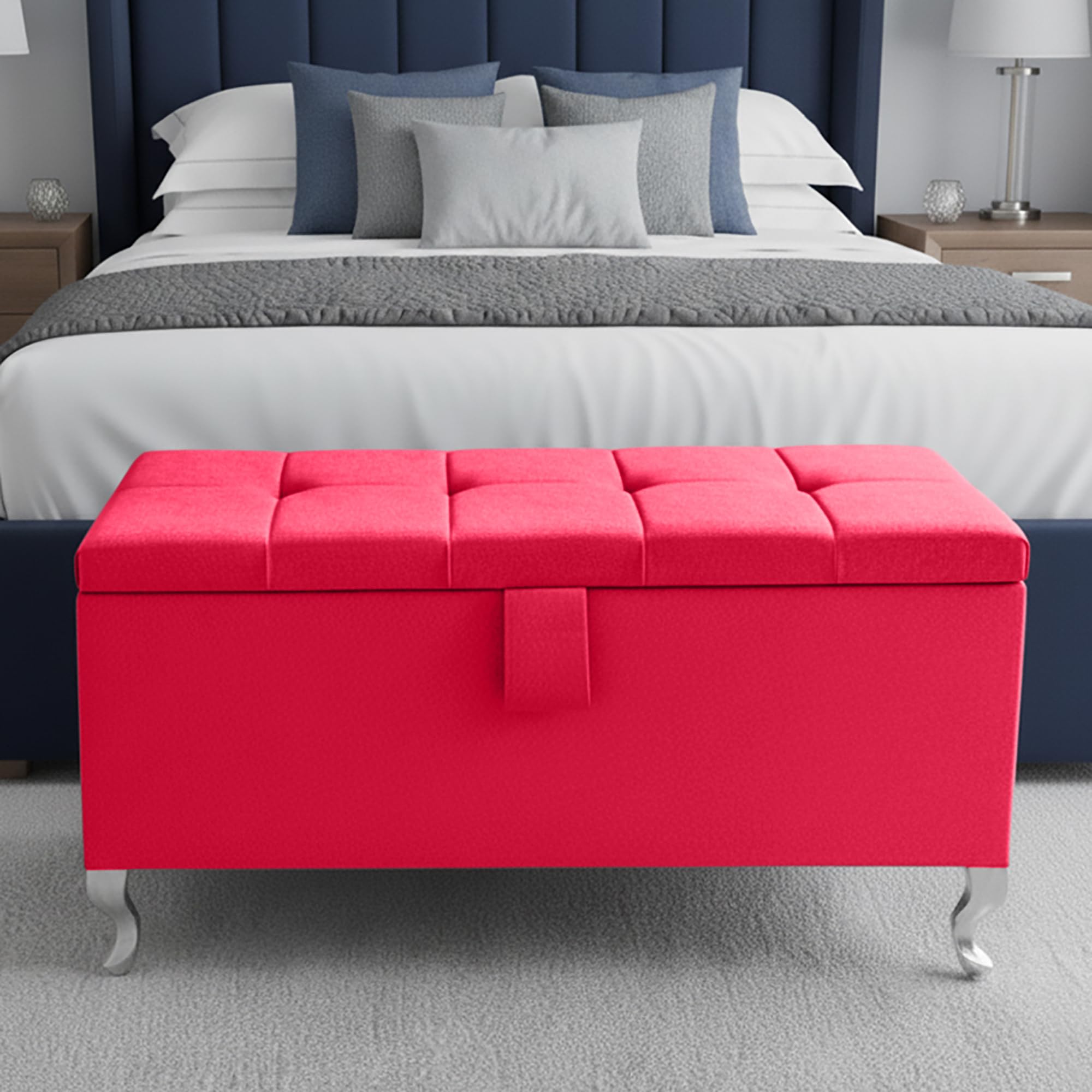 Aiza Large Cube Ottoman Storage Box Plush Velvet Bench, Red, Legs