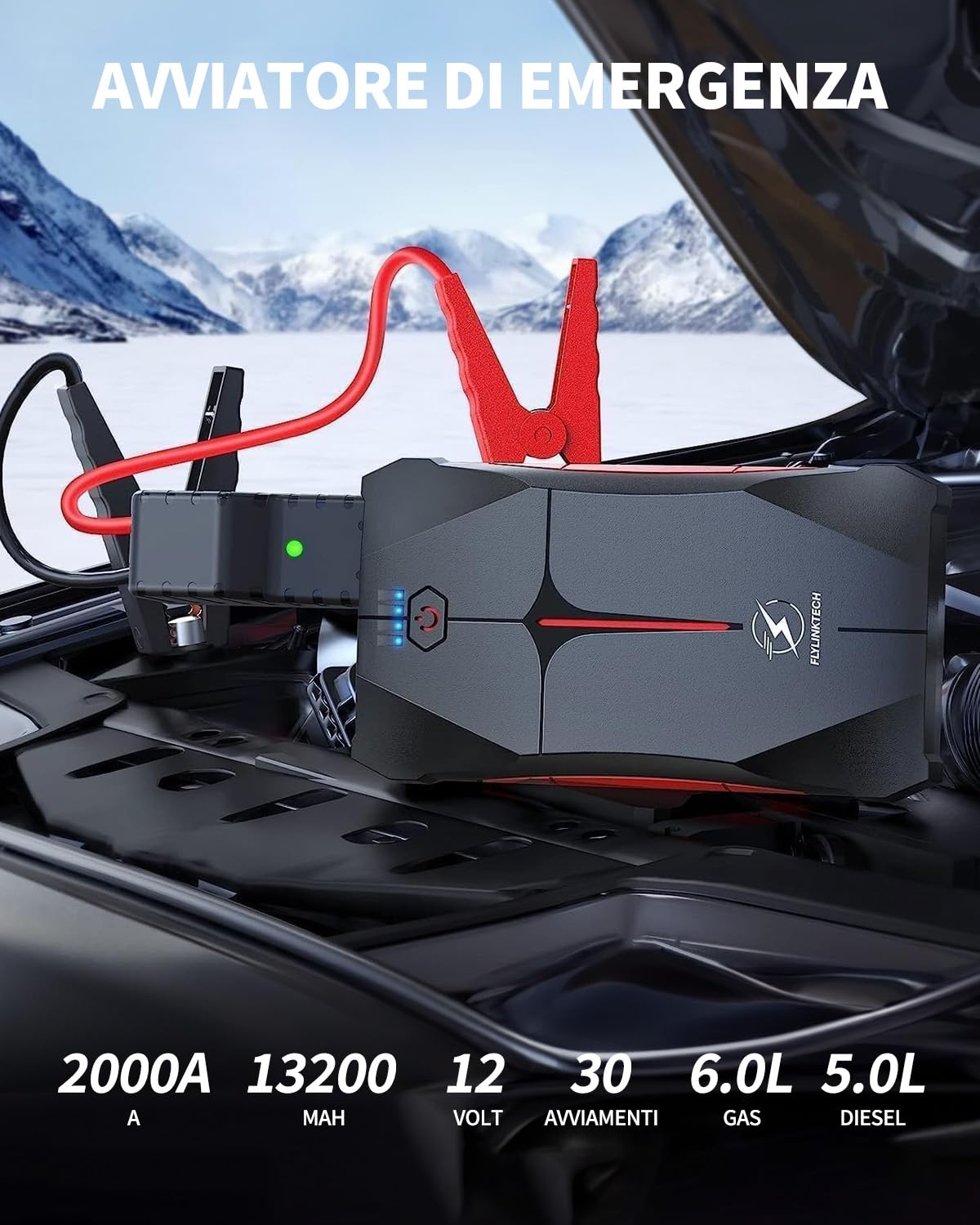 FLYLINKTECH Avviatore Emergenza per Auto- 2500A 13200mAh Avviatore Portatile per Motore Benzina, Impermeabile IP67, fino a 6,0L Ges o 5,0L Diesel, 12V Jump Starter, Torcia a LED