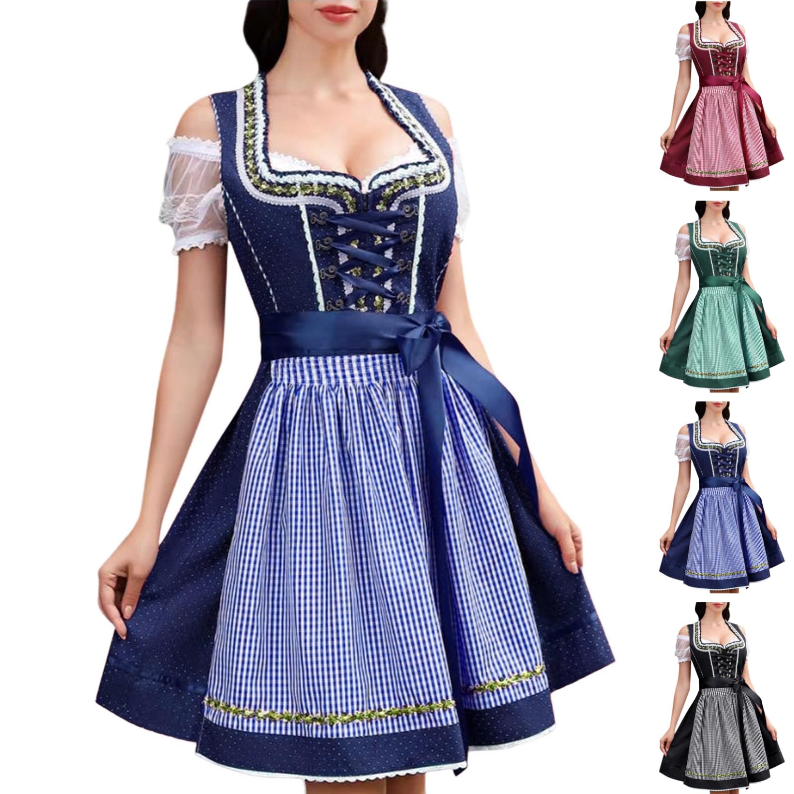 Generisch Women's Dirndl Carnival Oktoberfest Red White Stripes Smock with Apron Blouse Bow Comfortable Party Wear Festive Dress Sexy Carnival Costumes Multicoloured S-3XL, navy, XL