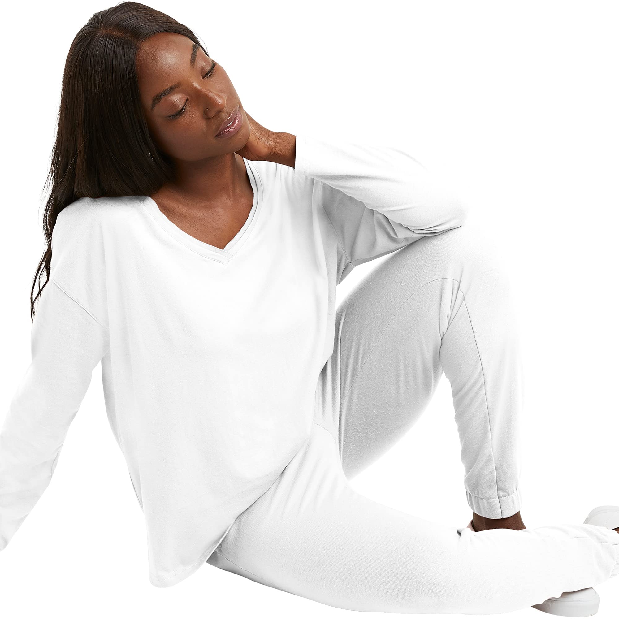 Hanes Originals V-Neck Long Sleeve T-Shirt, Cotton Tees for Women, Raw Edge V-Neckline Camiseta para Mujer