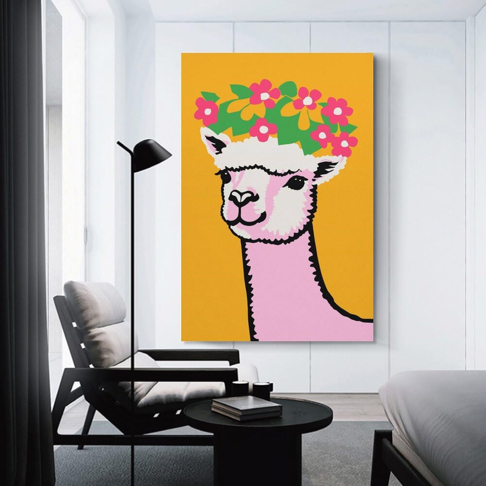 Junmoney Alpaca with Flower Crown Canvas Wall Decor 20x30inch(50x75cm), for Calm Bedrooms, Home Corners Or Flats, An Easy Wall Refresh for Bedrooms