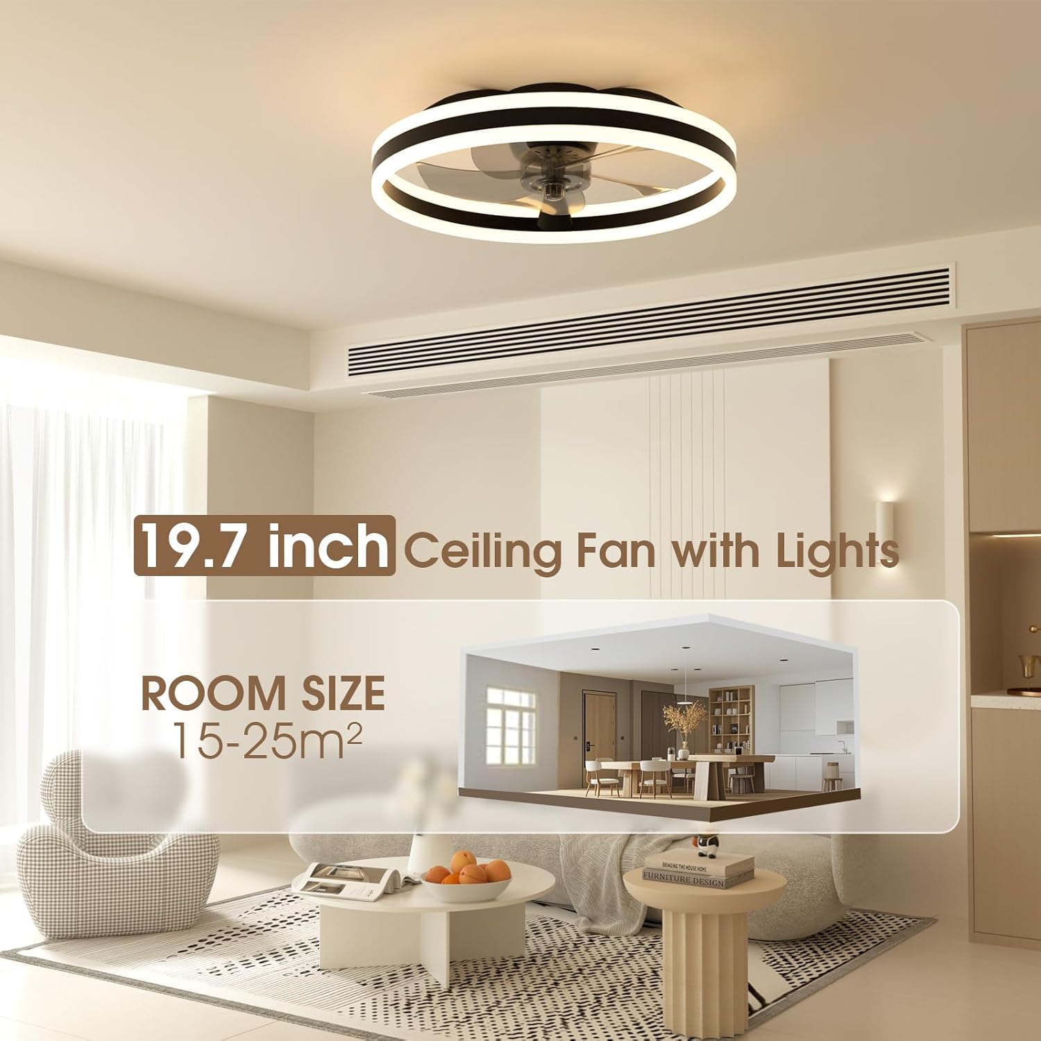 Two panels showing the NIORSUN fan. The left panel shows 'DOWNWARD AIRFLOW' with blue arrows indicating air moving down, for cooling and improving air quality. The right panel shows 'UPWARD AIRFLOW' with orange arrows indicating air moving up, for warming and maintaining comfort.