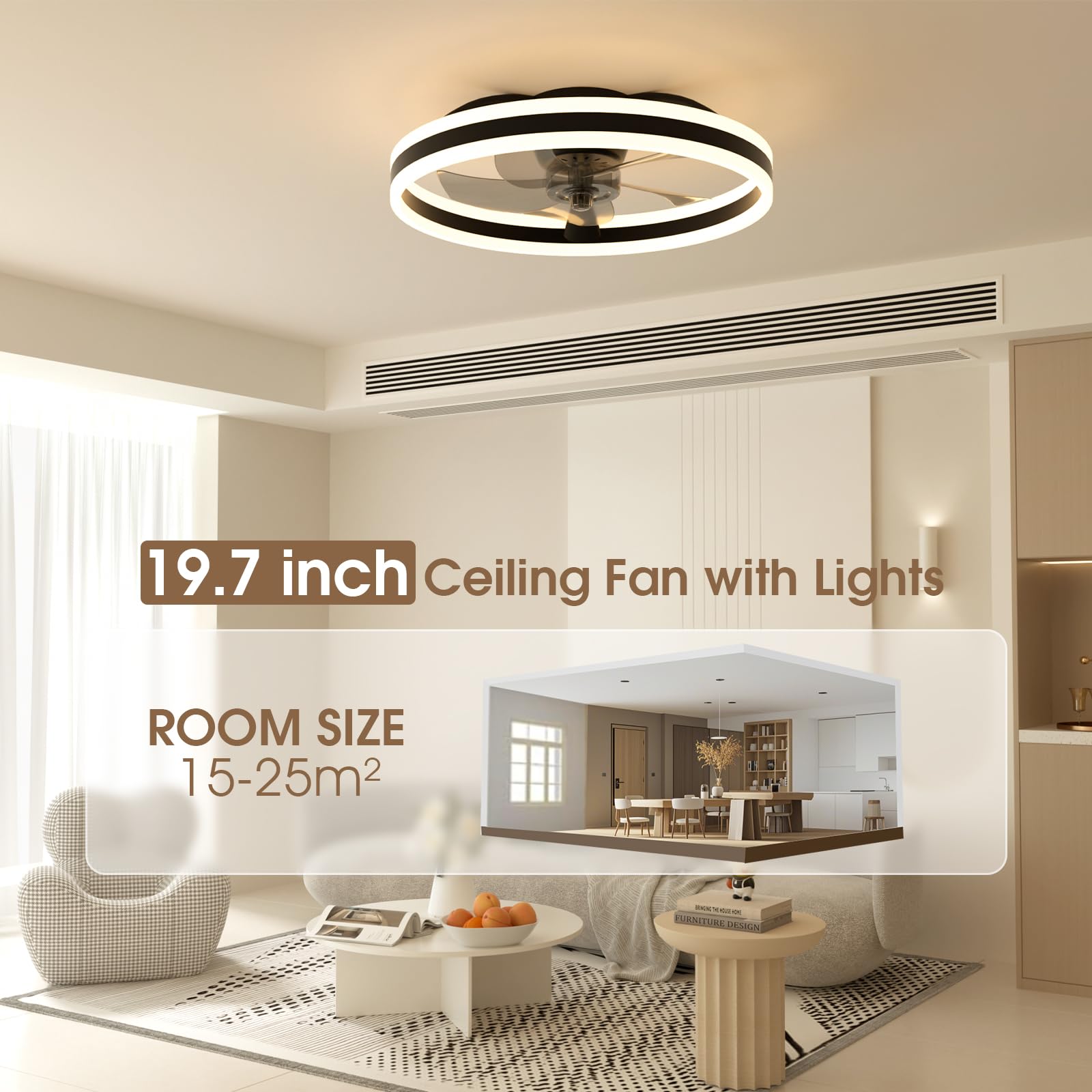 NIORSUN Deckenventilator mit Beleuchtung,50CM LED Lampe mit Ventilator,3 Farbtemperatur und 6 Geschwindigkeiten Deckenventilator mit Licht,APP/Fernbedienung Dimmbar Ventilator Deckenlampe Schwarz