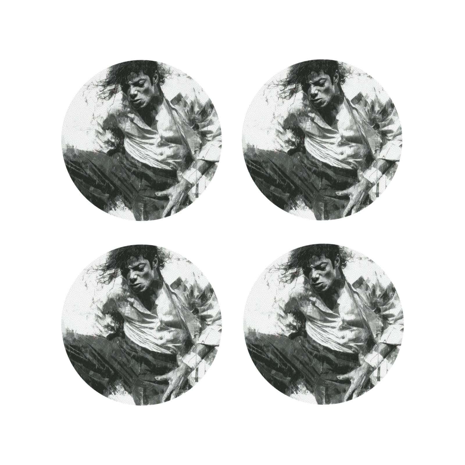 Coasters Set of 4 Round Leather Coaster Quick-Dry Drink Michael Jackson Coasters for Desk Absorbent Mugs Pads Tabletop Protection Pad Heat Resistant Coffee Cup Mat for Kitchen Bar