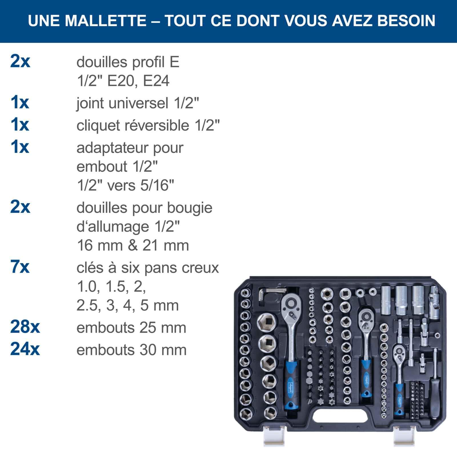 Scheppach Mallette à outils TB180-180 pièces | Avec différents jeux de douilles, embouts | Outillage mécanique & Jeu d'outil pour la maison | Coffret a outils
