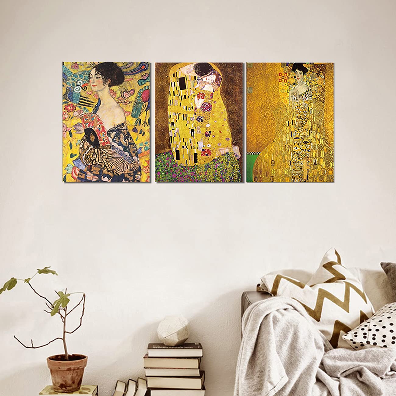 ZHONGYUTONG 3 Stück Gustav Klimt Berühmte Leinwand Kunstdrucke Gerahmtes Abstraktes Gustav Klimt Kuss Ölgemälde Bild Poster für Heimdekoration (60x90cmx3 Teiliges)