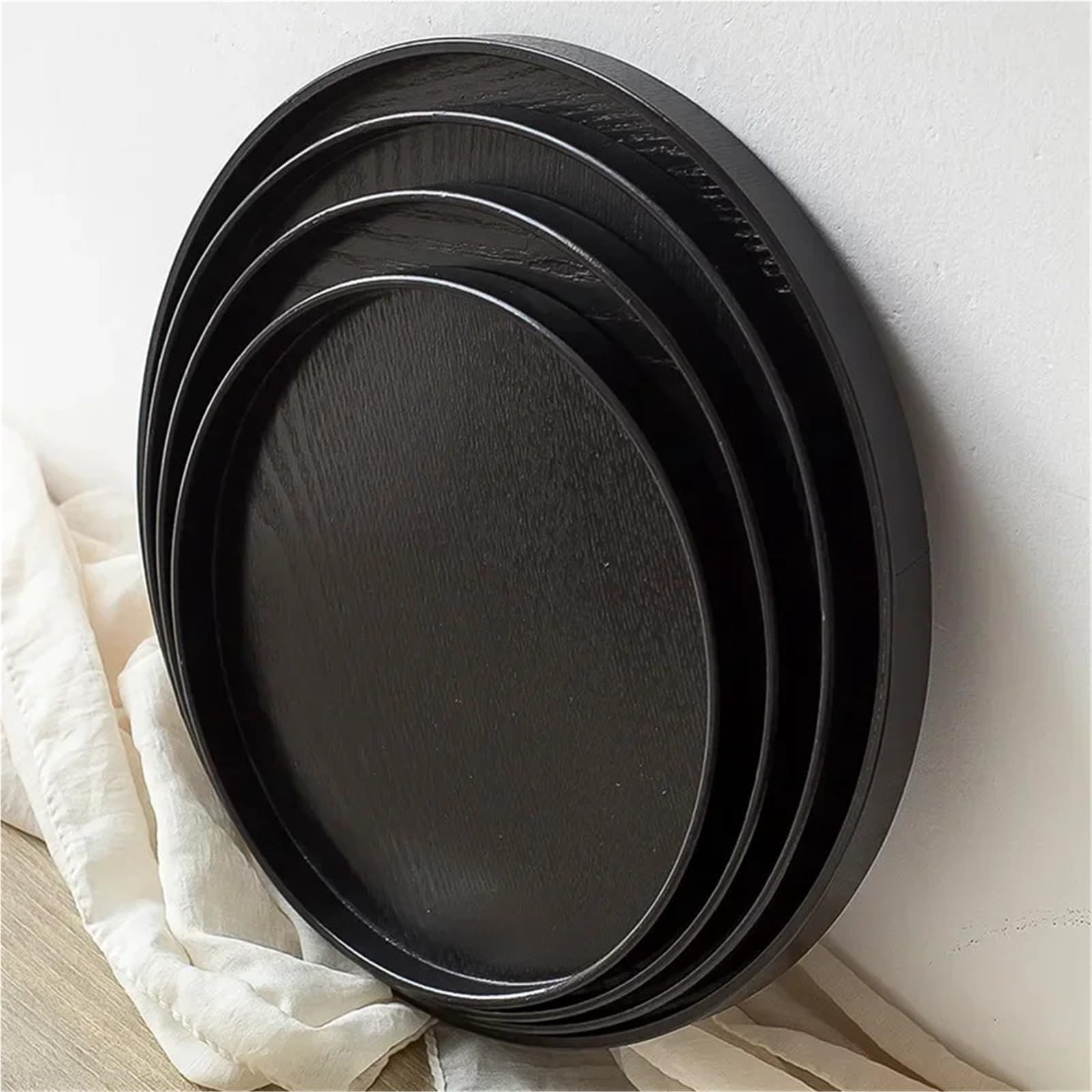 Bandeja para Servir (2 Unidades), Redonda de Madera Maciza, para té, café, Aperitivos, té, Rectangular, Tradicional (Redonda, Negra, 24 cm)