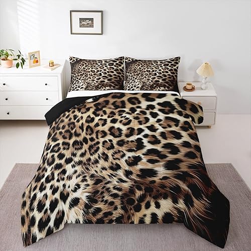 Erosebridal Leopard Print Bedding Comforter Sets Cheetah Bedding Sets Twin,Safari Animal Duvet Insert Jungle Theme Quilted Comforter Animal Fur Design Duvet,Luxury Soft All-Season Brown Quilt 2-Piece