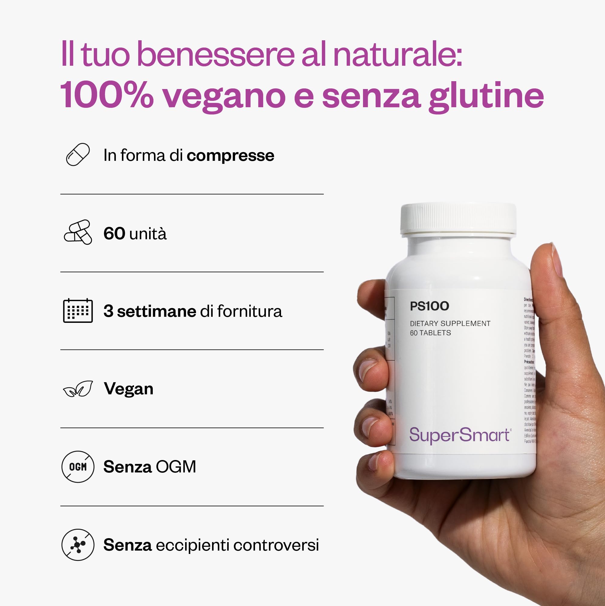 PS 100 - Apprendimento, memoria e concentrazione - Senza OGM - SuperSmart | Aiuta a migliorare l'apprendimento, la memoria e la concentrazione - Fosfolipidi al 20% di fosfatidilserina (PS)