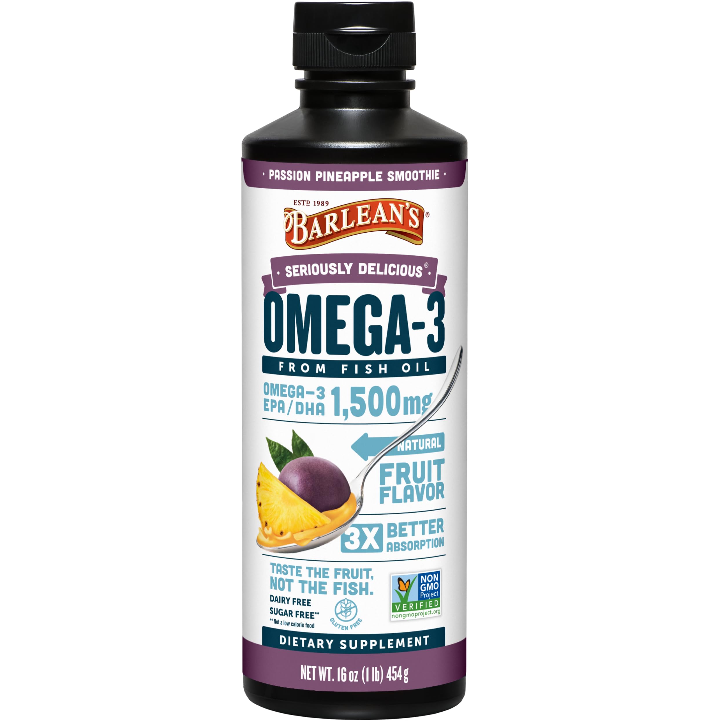 Barlean's Omega Ultra High Potency Passion Ananas Swirl Olej rybny, 1500 mg, 473.6 g