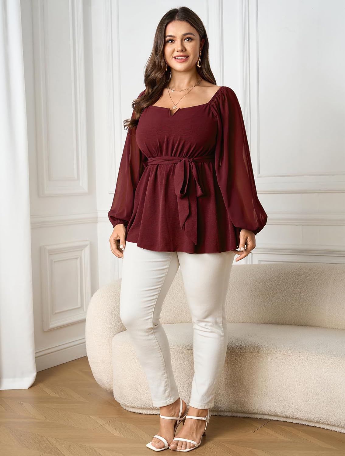 SCOMCHIC Womens Plus Size Peplum Tops Long Sleeve Square Neck Blouse Ruffle Hem Tie Waist Babydoll Top - Image 5