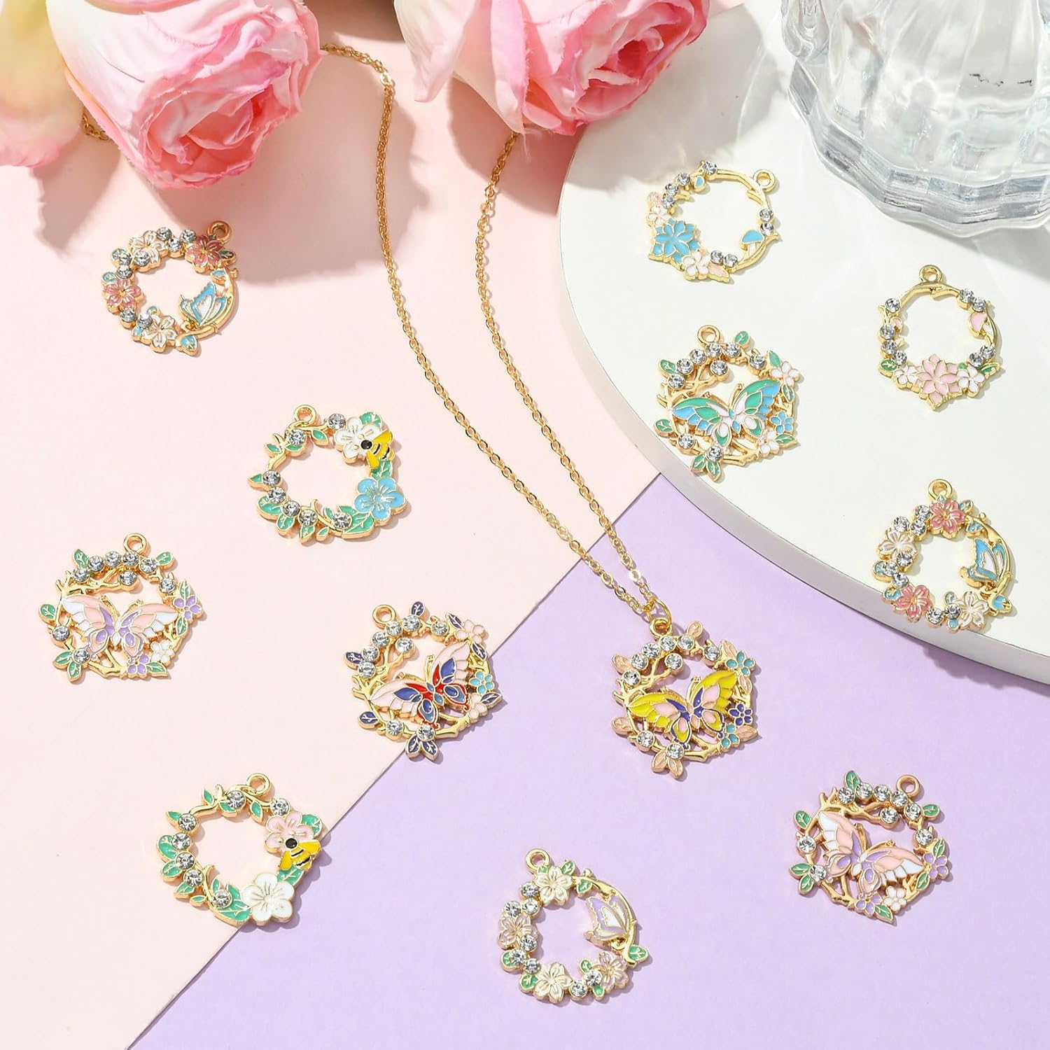 KitBeads 20Pcs 10 Styles Enamel Flower Butterfly Charms Rhinestone Wreath Animal Pendants for Bracelets Jewelry Making Necklaces Crafts Bulk - Image 6
