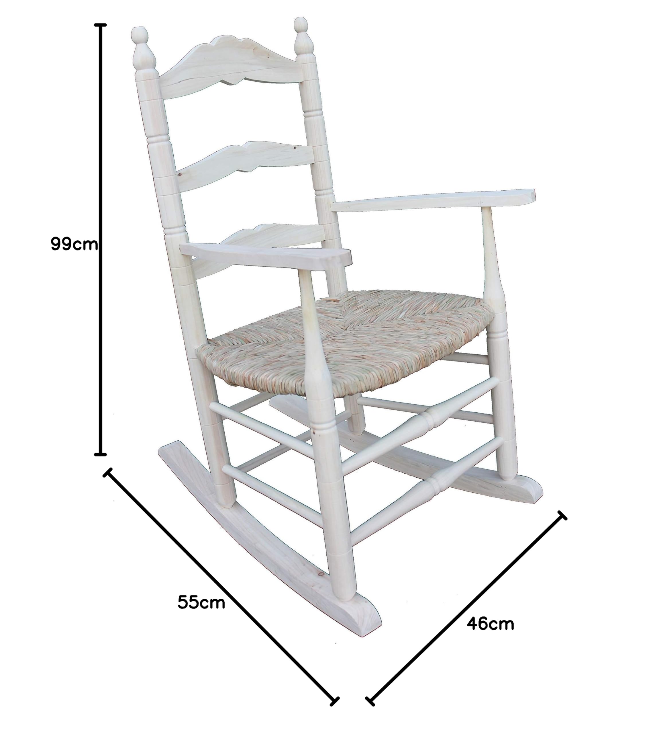 Mecedora de Lactancia con Asiento Tejido con Enea. Madera al Natural para Posterior Pintado.Asiento: 55×46 cm. Altura al Asiento: 45 cm. Altura Respaldo: 99 cm.