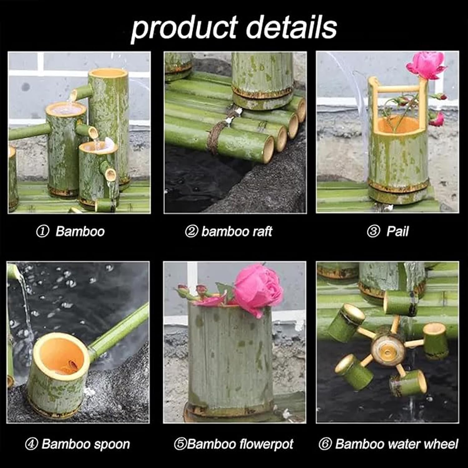 Natural Bamboo Fountain Kit, Solar Powered Feng Shui Zen Water Feature with Rotating Wheel, Circulating Water Ornament, for Patio Pond Bird Bath Garden Balcony, 15.7in(40cm)
