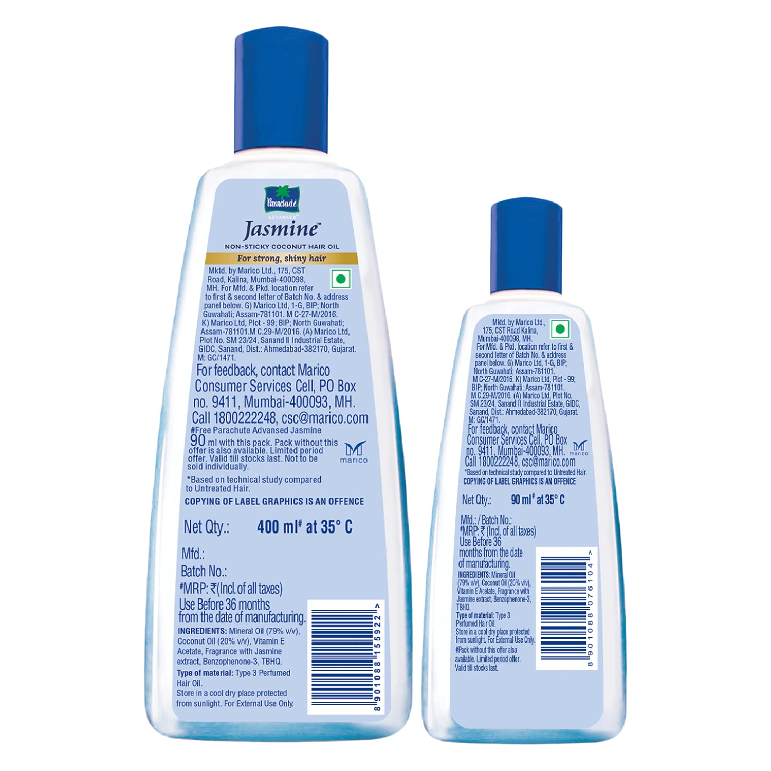 Parachute Advansed Jasmine Hair Oil with Vitamin-E | For Scalp Nourishment| Stronger, Softer, Silkier Hair |Non-Sticky | All Hair Types| Pack of 2 | 13.5 + 3 fl oz