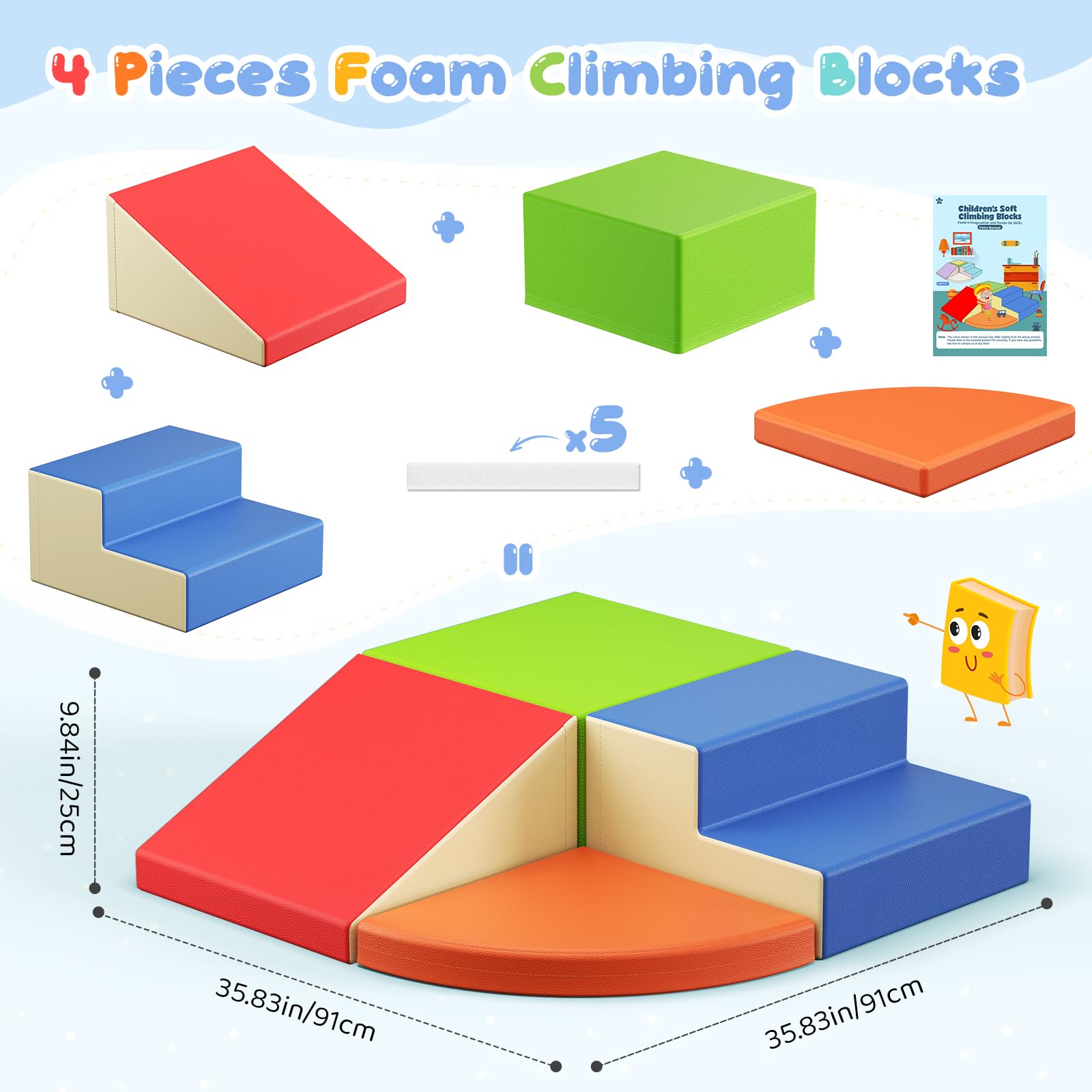 Blocs d’Escalade en Mousse colorés 4 pièces, Blocs Souples avec Fermetures Velcro, Jouet combinable pour Tout-Petits, intérieur et crèche