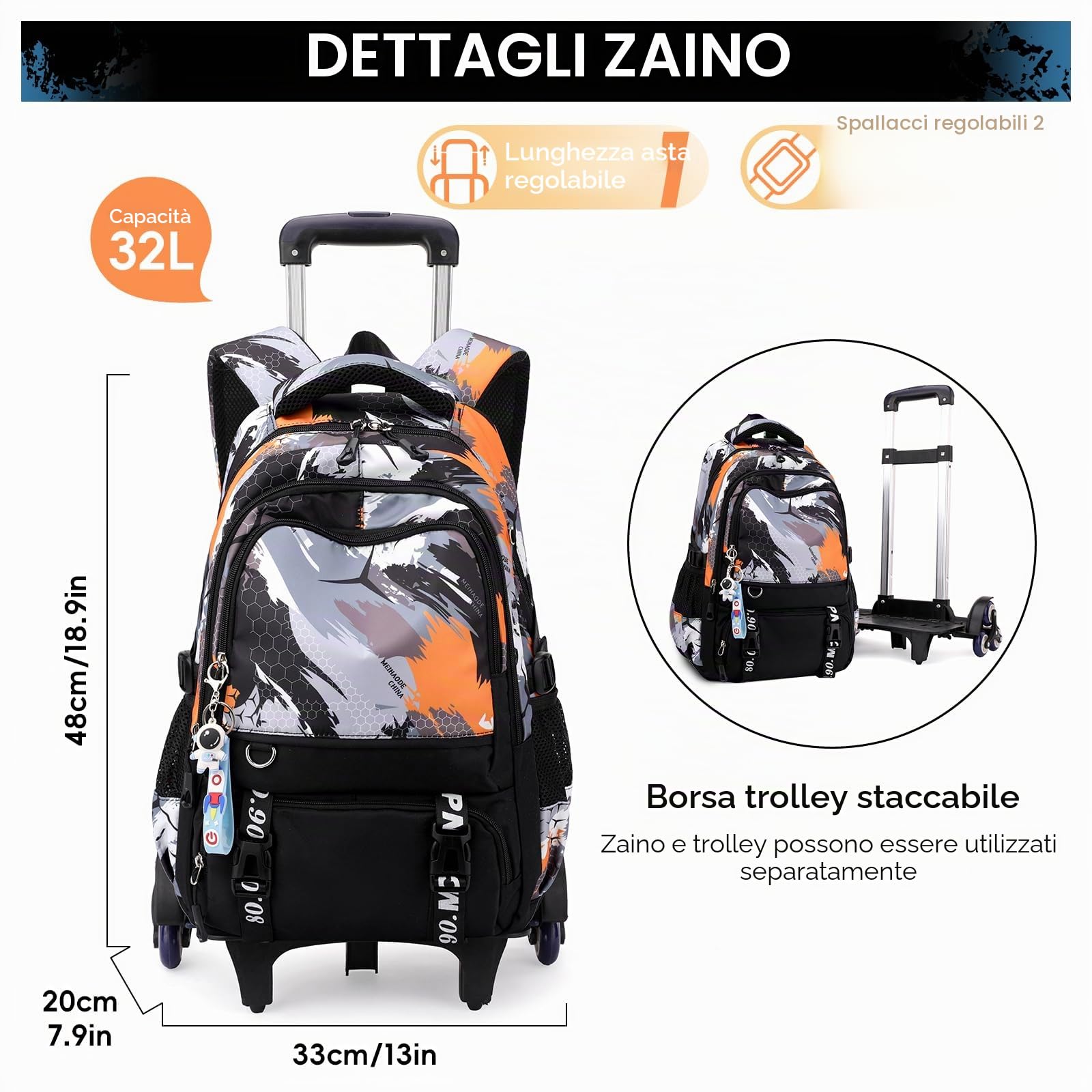 Amythe Zaino Scuola Trolley per Ragazzi Medie e Superiori 6 Ruote | 2 in 1 Zaino Casual con Ruote alla Moda per Bambini e Adolescenti, 16" Zaini con Rotelle per Ritorno a Scuola e Viaggi